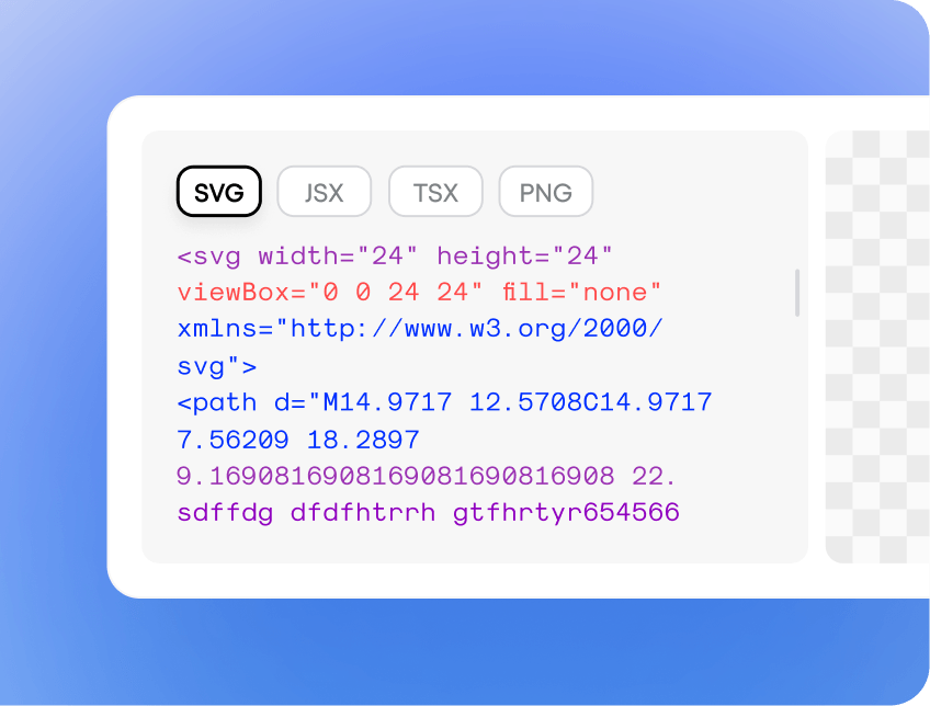 Icon export formats including SVG, JSX, TSX, and PNG